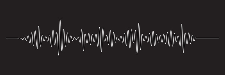 Sound waves and audio waveform elements. Song or music track shapes. Voice signal visualization. Digital soundwave icon set. Music rhythm frequency pulse graphic vector element. Black background. 