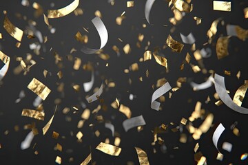 Confetti rain gold & silver ribbons on dark backdrop