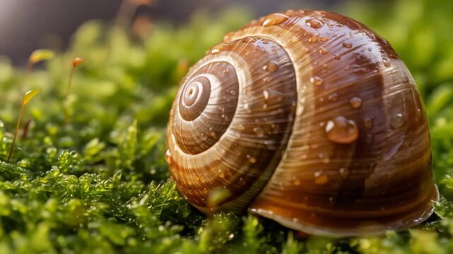 Close-up of a snail shell with water droplets on green moss in natural light