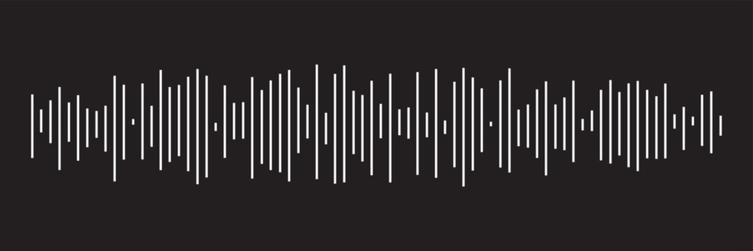 Sound waves and audio waveform elements. Song or music track shapes. Voice signal visualization. Digital soundwave icon set. Music rhythm frequency pulse graphic vector element. Black background. 