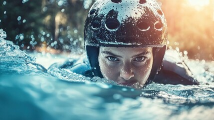A person in a wet suit paddling in a river with a helmet on.