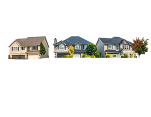 Three detached houses with varying roofs, windows, and siding against a black background, each having minimal landscaping