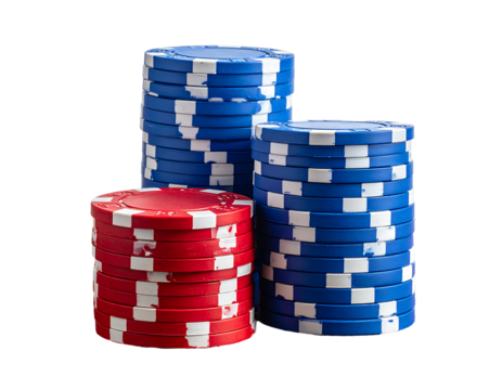 Stacked red and blue poker chips on a black background, close-up view, sharp focus, smooth texture, and deep colors