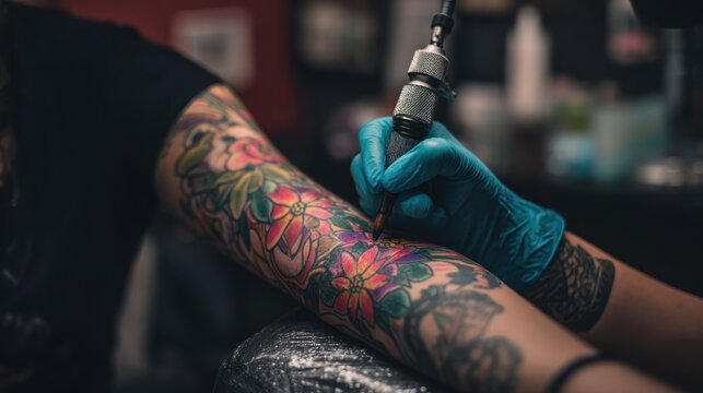 A tattoo artist in a tattoo parlor, using a tattoo machine to tattoo a colorful flower on a person's arm.