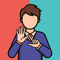 Person Makes Hand Gesture Against Red and Teal Background