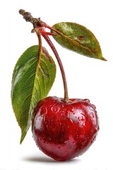 Single wet cherry on branch with two leaves