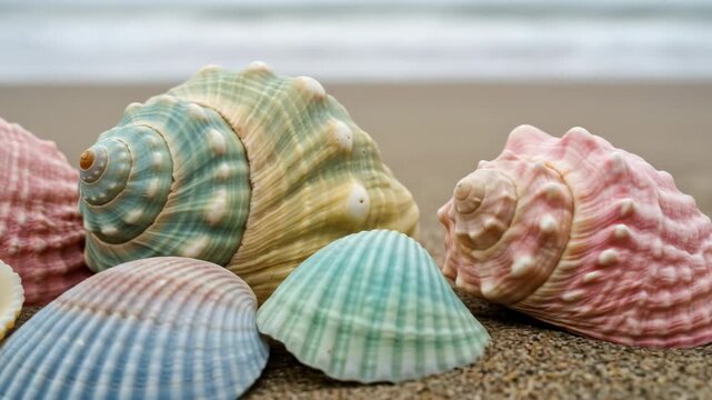 A close-up view of various colorful seashells arranged on the sand at the beach