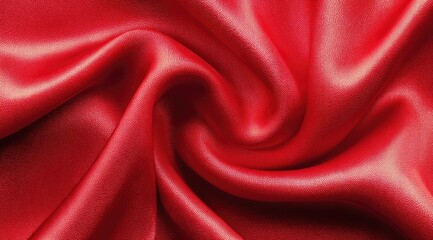 A close-up view of a luxurious red satin fabric with rich texture and swirling folds.