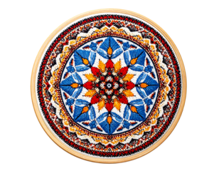 Elaborate floral embroidery hoop art with vibrant blue, red, and yellow petals on a neutral backdrop
