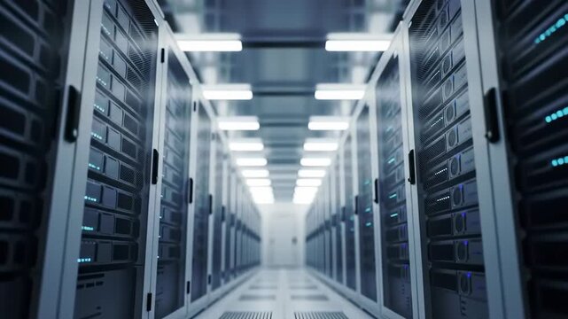 Server Room with Rows of Blue Lit Computer Racks and Metallic Gray Servers