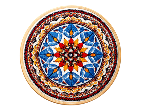 Elaborate floral embroidery hoop art with vibrant blue, red, and yellow petals on a neutral backdrop - Powered by Adobe