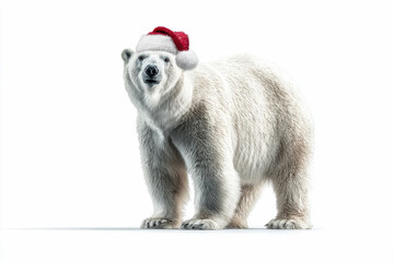 Obraz premium Polar bear wearing a Santa hat on a isolated white background.