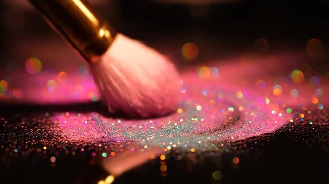 A makeup brush touches iridescent glitter, creating colorful bokeh against a dark backdrop