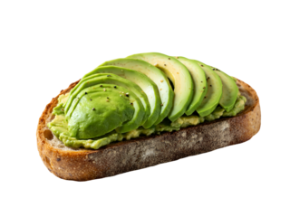 A single slice of rustic avocado toast topped with fresh layered avocado slices and a sprinkle of black pepper, isolated on a clear blank white background
