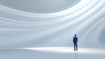 Obraz premium A man in a suit stands in a futuristic, white, curved room with light streaks.