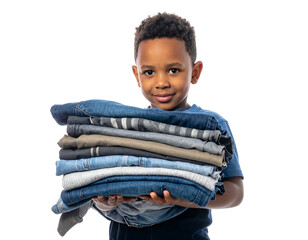 Smiling boy holds stacked folded pants. Isolated on black, showing a soft, warm skin tone and slight depth of field