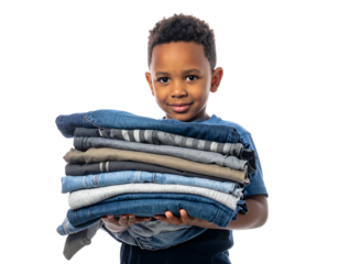 Smiling boy holds stacked folded pants. Isolated on black, showing a soft, warm skin tone and slight depth of field