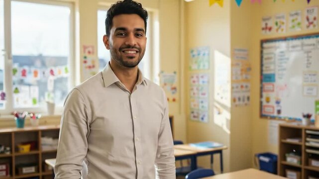 Confident Young Male Teacher Smiling in Bright Elementary School Classroom Portrait
