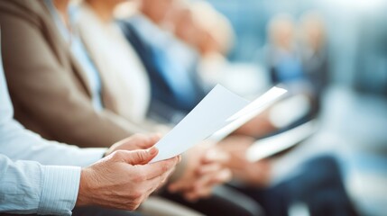 People sitting in a conference room, holding papers.
