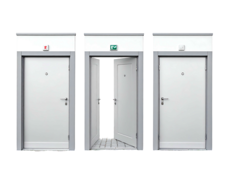 Three doors, two closed and one ajar, with a white frame and grey trim against a dark background