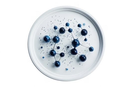 Dark blue molecular structure on white disc isolated on a transparent background