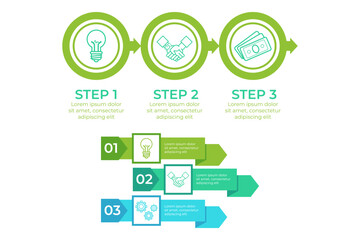 Infographic outlining three key steps for achieving success. Each step illustrated with simple icons, emphasizing collaboration, ideas, and financial aspects