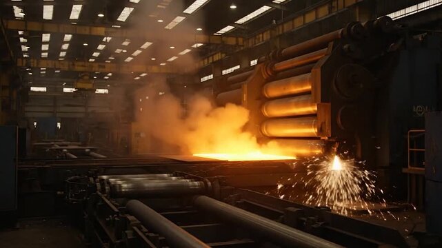 Industrial scene shows hot steel plate being cut with sparks.  Large factory interior, smoke, heat