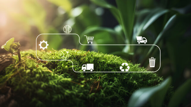 Conceptual illustration of a sustainable product lifecycle, from production to recycling, highlighting the circular economy and green business practices