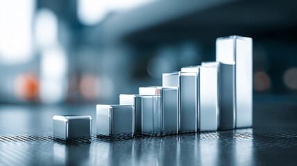 A bar graph rises as a sleek, shiny physical structure from a modern desktop, blending data visualization with tangible design. The scene symbolizes clarity, progress, and the fusion of technology wit