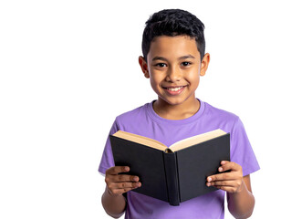 Smiling boy in a purple shirt reading an open book, isolated on a black background