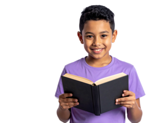 Smiling boy in a purple shirt reading an open book, isolated on a black background