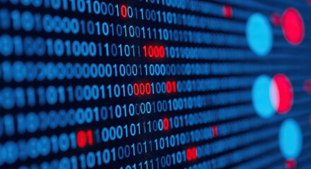 Dynamic digital data stream with glowing red and blue highlights representing information flow and complex algorithms in a modern technological landscape.