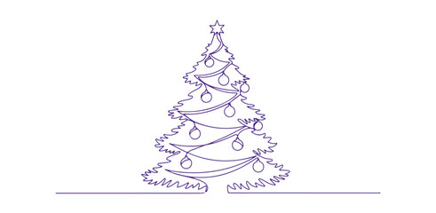 Christmas tree line drawing, showcasing a continuous line of pine, ideal for festive decorations during Christmas or New Year. It's a contour sketch in a single line style vector illustration.