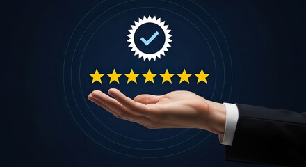 Professional hand showcasing glowing five-star rating and verification badge for excellent customer feedback and service excellence.