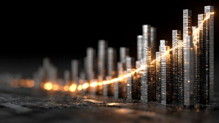 A bar graph rises as a sleek, shiny physical structure from a modern desktop, blending data visualization with tangible design. The scene symbolizes clarity, progress, and the fusion of technology wit