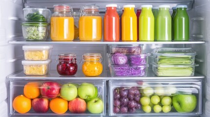 A well-organized refrigerator filled with fresh fruits and vegetables, including apples, oranges, and green vegetables.