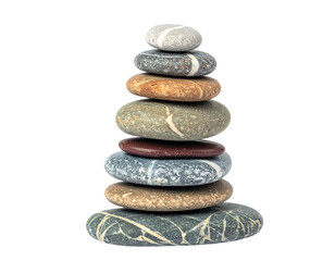 Stacked, smooth river stones. A balancing arrangement of various colored and textured rocks. Isolated on black
