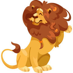 Cartoon Lion King With Big Brown Mane And Tail Smiling And Waving Paw With White Background