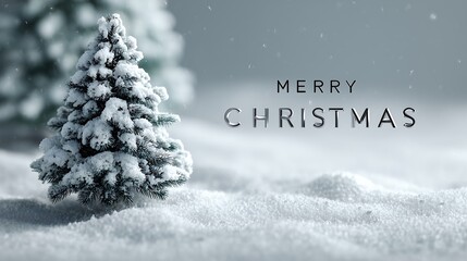 white minimal studio background with artificial snow, soft shadows, small Christmas tree and silver text “Merry Christmas”, cinematic light.