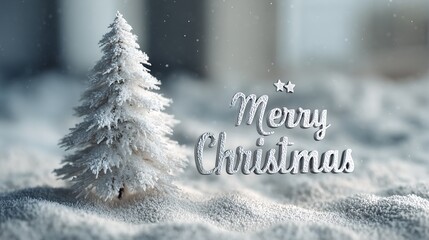white minimal studio background with artificial snow, soft shadows, small Christmas tree and silver text “Merry Christmas”, cinematic light.
