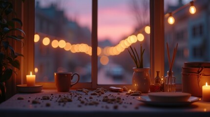 Warm and inviting interior scene showcasing a window overlooking a cityscape, with illuminated string lights creating a soft glow.