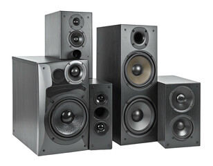 Fototapeta premium Stacked stereo speakers, various sizes and driver configurations, showcase audio equipment against a black backdrop