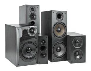 Stacked stereo speakers, various sizes and driver configurations, showcase audio equipment against a black backdrop