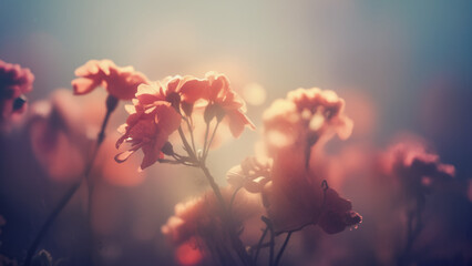 Dreamlike close-up of flowers, glowing edges, soft bokeh, vibrant warm colors against cool background, artistic photography style