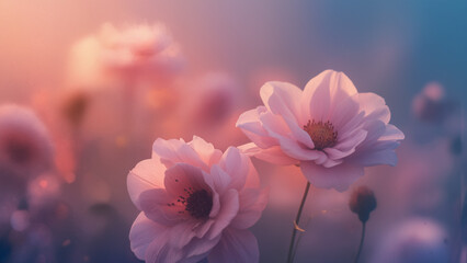 Dreamlike close-up of flowers, glowing edges, soft bokeh, vibrant warm colors against cool background, artistic photography style