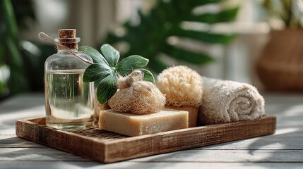 Natural bath products made from eco materials, wooden tray, loofah, handmade soap, glass bottle with green leaves, sunlight through window.