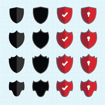Shield check mark logo icon set. Safety icon set. Collection of Blank Shield Shape on cross soft blue background