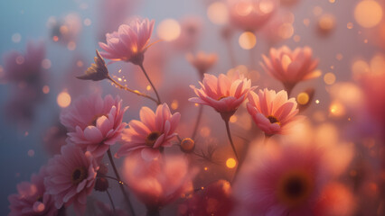 Dreamlike close-up of flowers, glowing edges, soft bokeh, vibrant warm colors against cool background, artistic photography style