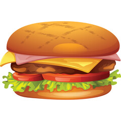 A Deliciously Stacked Cheeseburger With Ham Lettuce Tomato And Melted Cheese On A Toasted Bun With A Transparent Background Ideal For Food Advertising