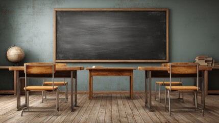 An empty classroom with wooden desks and chairs, a globe, and a chalkboard.